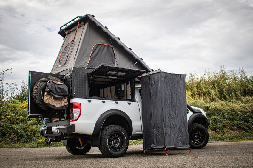 Préparation pick up Ford Ranger PXIII 4x4 tout-terrain par Equip'Raid Canopy Camper auvent douche tente de toit
