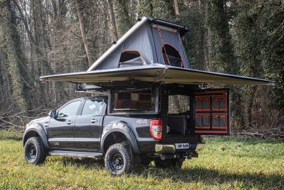 Ford ranger PXII Canopy Camper préparé par equip'raid equipement tout-terrain 4x4 raid bivouac canopy camper ouvert