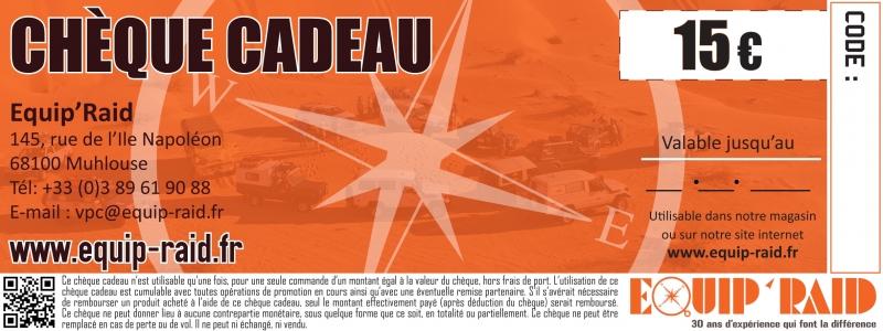 CHEQUE CADEAU EQUIPRAID D'UNE VALEUR DE 15 EUROS